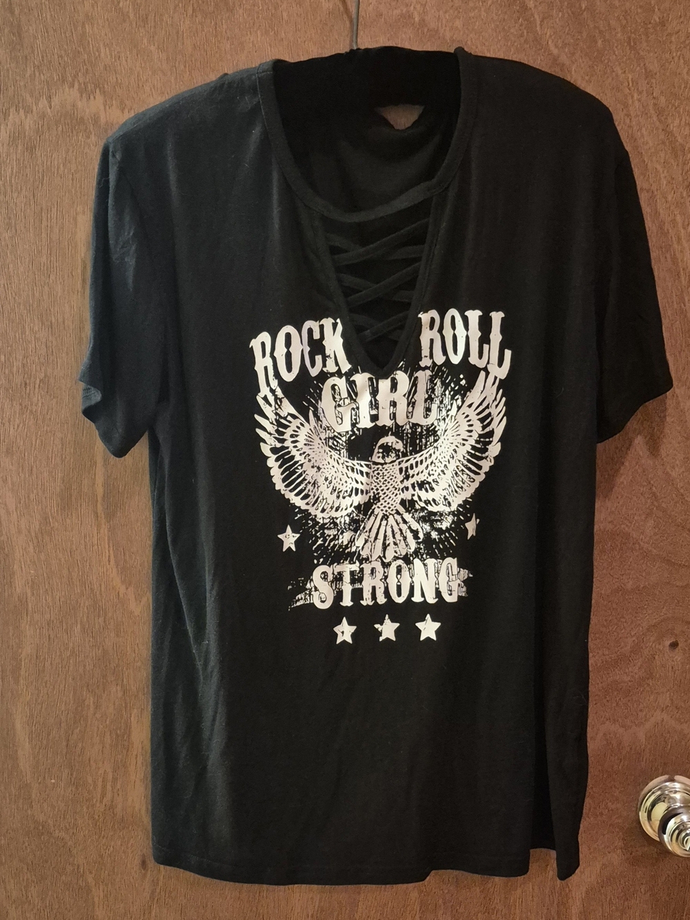 Black 'Rock Roll Girl Strong' Lace-Up V-Neck Tee